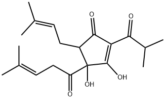 3,4-dihydroxy-5-(3-methylbut-2-enyl)-4-(4-methyl-1-oxopent-3-enyl)-2-(2-methyl-1-oxopropyl)cyclopent-2-en-1-one Structure