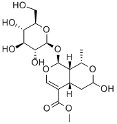 8-(β-D-グルコピラノシルオキシ)-4,4a,8,8a-テトラヒドロ-3-ヒドロキシ-1-メチル-1H,3H-ピラノ[3,4-c]ピラン-5-カルボン酸メチル 化学構造式