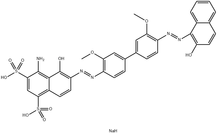 4-アミノ-5-ヒドロキシ-6-[[4'-[(2-ヒドロキシ-1-ナフチル)アゾ]-3,3'-ジメトキシ-1,1'-ビフェニル-4-イル]アゾ]-1,3-ナフタレンジスルホン酸二ナトリウム 化学構造式