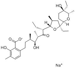 Benzoesäure, 6-(7-(5-Ethyl-5-(5-ethyltetrahydro-5-hydroxy-6-me-thyl-2H-pyran-2-yl)tetrahydro-3-methyl-2-furanyl)-4-hydroxy-3,5-dimethyl-6-oxononyl)-2-hydroxy-3-methyl, Mononatriumsalz, (2R-(2alpha(2S*(3R*,4S*,5S*,7R*),3S*,5S*