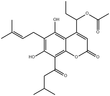 4-[1-(アセチルオキシ)プロピル]-5,7-ジヒドロキシ-8-イソバレリル-6-(3-メチル-2-ブテニル)クマリン 化学構造式