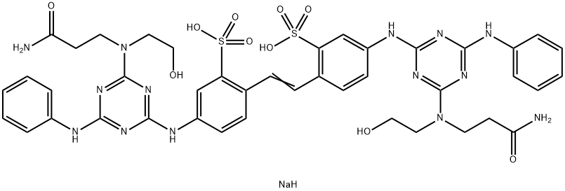 disodium 4,4'-bis[[4-anilino-6-[(2-carbamoylethyl)(2-hydroxyethyl)amino]-1,3,5,-triazin-2-yl]amino]stilbene-2,2'-disulphonate Struktur