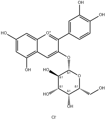 2-(3,4-ジヒドロキシフェニル)-3-(β-D-ガラクトピラノシルオキシ)-5,7-ジヒドロキシ-1-ベンゾピリリウム·クロリド 化学構造式