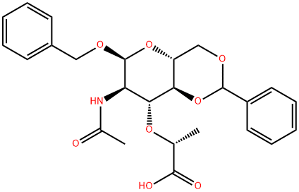 2-(3-ACETAMIDO-2-BENZYL-4,6,OBENZYLIDENE-ALPHA-D-GLUCOPYRNOSID-4-YLOXY)PROPIONIC ACID Struktur