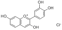 2-(3,4-ジヒドロキシフェニル)-3,7-ジヒドロキシ-1-ベンゾピリリウム·クロリド 化学構造式
