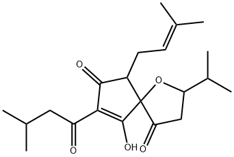 9-ヒドロキシ-2-イソプロピル-8-イソバレリル-6-(3-メチル-2-ブテニル)-1-オキサスピロ[4.4]ノナ-8-エン-4,7-ジオン 化学構造式