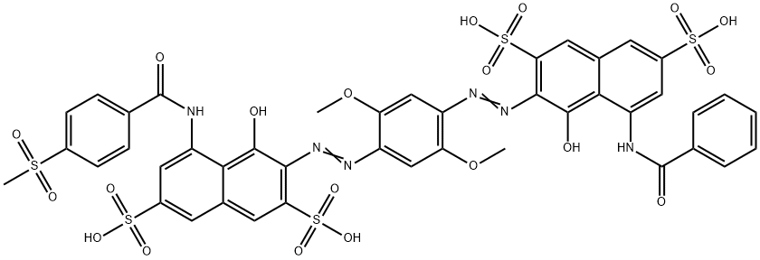3-[[4-[[8-(ベンゾイルアミノ)-1-ヒドロキシ-3,6-ジスルホナフタレン-2-イル]アゾ]-2,5-ジメトキシフェニル]アゾ]-4-ヒドロキシ-5-[[4-(メチルスルホニル)ベンゾイル]アミノ]-2,7-ナフタレンジスルホン酸 化学構造式