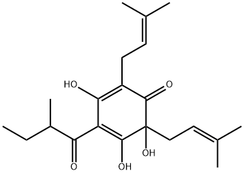 3,5,6-トリヒドロキシ-2,6-ビス(3-メチル-2-ブテニル)-4-(2-メチル-1-オキソブチル)-2,4-シクロヘキサジエン-1-オン 化学構造式