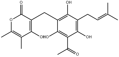 3-[4-Acetyl-2,3,6-trihydroxy-5-(3-methyl-2-butenyl)benzyl]-4-hydroxy-5,6-dimethyl-2H-pyran-2-one 结构式