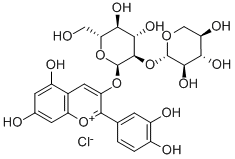 3',4',5,7-テトラヒドロキシ-3-[(2-O-β-D-キシロピラノシル-β-D-グルコピラノシル)オキシ]アントシアニジン 化学構造式