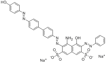 disodium 4-amino-5-hydroxy-3-[[4'-[(4-hydroxyphenyl)azo][1,1'-biphenyl]-4-yl]azo]-6-(phenylazo)naphthalene-2,7-disulphonate Struktur
