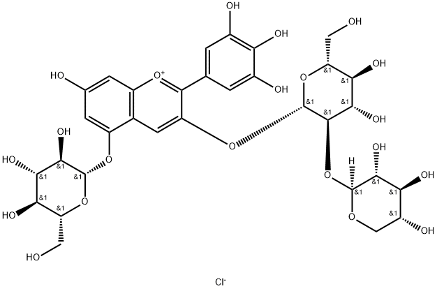 5-(beta-D-Glucopyranosyloxy)-7-hydroxy-2-(3,4,5-trihydroxyphenyl)-3-[(2-O-beta-D-xylopyranosyl-D-glucopyranosyl)oxy]-1-benzopyrylium chloride Structure