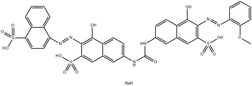 4-[[1-ヒドロキシ-6-[[[[5-ヒドロキシ-6-[(2-メトキシフェニル)アゾ]-7-スルホ-2-ナフタレニル]アミノ]カルボニル]アミノ]-3-スルホ-2-ナフタレニル]アゾ]-1-ナフタレンスルホン酸トリナトリウム 化学構造式