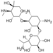 4-O-(6-アミノ-6,7-ジデオキシ-α-D-glycero-D-gluco-ヘプトピラノシル)-6-O-(4-メチル-3-メチルアミノ-3-デオキシ-β-L-アラビノピラノシル)-2-デオキシ-D-ストレプタミン 化学構造式