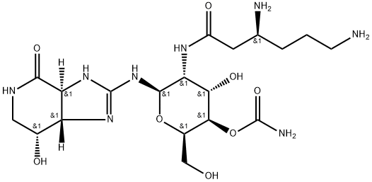(3aS)-2-[[4-O-(アミノカルボニル)-2-[[(S)-3,6-ジアミノ-1-オキソヘキシル]アミノ]-2-デオキシ-β-D-グロピラノシル]アミノ]-1,3aβ,5,6,7,7aα-ヘキサヒドロ-7β-ヒドロキシ-4H-イミダゾ[4,5-c]ピリジン-4-オン 化学構造式