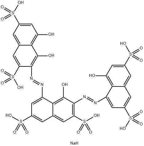 4-ヒドロキシ-3-[(8-ヒドロキシ-3,6-ジスルホ-1-ナフチル)アゾ]-5-[(1,8-ジヒドロキシ-3,6-ジスルホ-2-ナフチル)アゾ]ナフタレン-2,7-ジスルホン酸ヘキサナトリウム 化学構造式