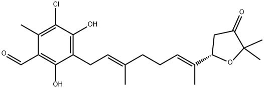 2-メチル-3-クロロ-4,6-ジヒドロキシ-5-[(2E,6E)-3-メチル-7-[(2S)-4-オキソ-5,5-ジメチルテトラヒドロフラン-2-イル]-2,6-オクタジエニル]ベンズアルデヒド 化学構造式