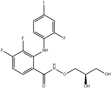 (R)-N-(2,3-ジヒドロキシプロポキシ)-3,4-ジフルオロ-2-(2-フルオロ-4-ヨードフェニルアミノ)ベンズアミド 化学構造式