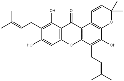 5,9,11-トリヒドロキシ-3,3-ジメチル-6,10-ビス(3-メチル-2-ブテニル)ピラノ[3,2-a]キサンテン-12(3H)-オン 化学構造式