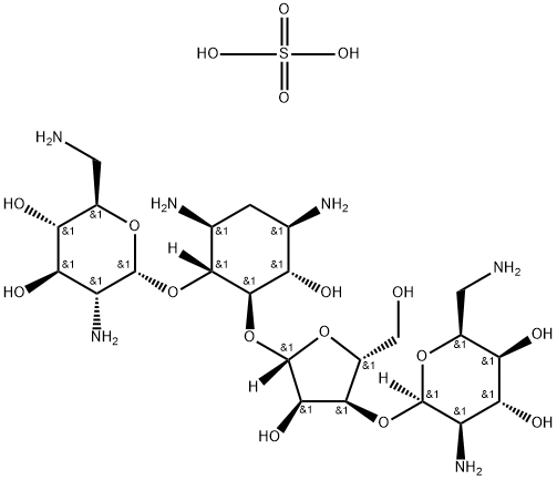 4-O-(2,6-ジアミノ-2,6-ジデオキシ-α-D-グルコピラノシル)-5-O-[3-O-(2,6-ジアミノ-2,6-ジデオキシ-β-L-イドピラノシル)-β-D-リボフラノシル]-2-デオキシ-D-ストレプタミン·3硫酸塩 化学構造式