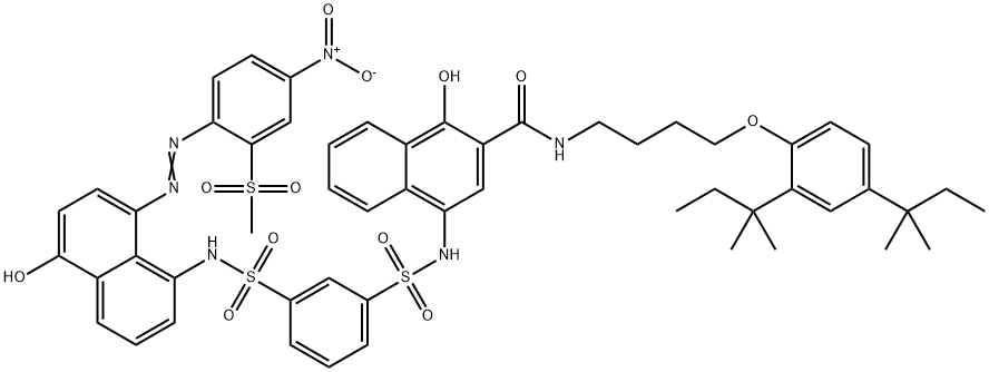 N-[4-[2,4-ビス(1,1-ジメチルプロピル)フェノキシ]ブチル]-1-ヒドロキシ-4-[[[3-[[[5-ヒドロキシ-8-[[2-(メチルスルホニル)-4-ニトロフェニル]アゾ]-1-ナフタレニル]アミノ]スルホニル]フェニル]スルホニル]アミノ]-2-ナフタレンカルボアミド 化学構造式