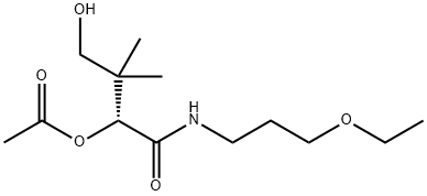 (2R)-2-アセトキシ-N-(3-エトキシプロピル)-4-ヒドロキシ-3,3-ジメチルブタンアミド 化学構造式