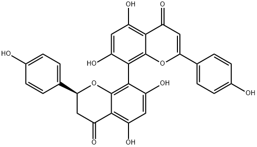 (2S)-2,3-ジヒドロ-5,5',7,7'-テトラヒドロキシ-2,2'-ビス(4-ヒドロキシフェニル)-8,8'-ビ[4H-1-ベンゾピラン-4-オン] 化学構造式
