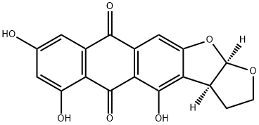 (3aR,12aS)-2,3,3a,12a-テトラヒドロ-4,6,8-トリヒドロキシアントラ[2,3-b]フロ[3,2-d]フラン-5,10-ジオン 化学構造式