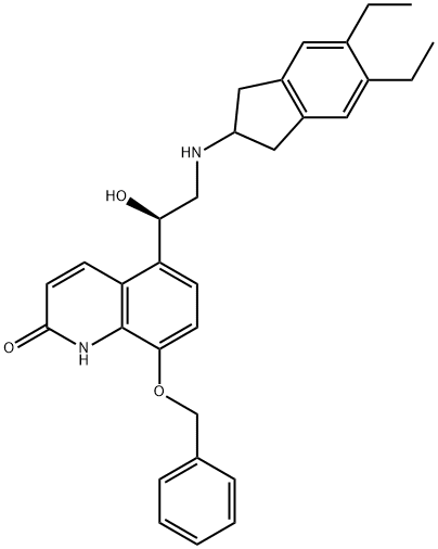 (R)-8-(ベンジルオキシ)-5-(2-((5,6-ジエチル-2,3-ジヒドロ-1H-インデン-2-イル)アミノ)-1-ヒドロキシエチル)キノリン-2(1H)-オン 化学構造式