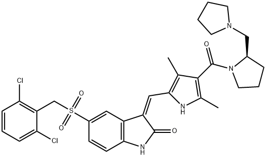 (2R)-1-[[5-[(Z)-[5-[[(2,6-二氯苯基)甲基]磺酰]-1,2-二氢-2-氧代-3H-吲哚-3-亚基]甲基]-2,4-二甲基-1H-吡咯-3-基]羰基]-2-(1-吡咯烷甲基)吡咯烷, 477575-56-7, 结构式