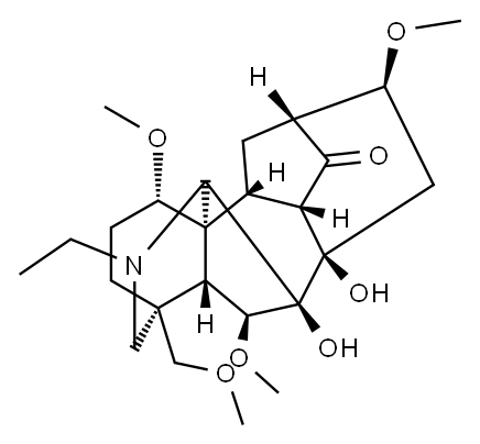 20-エチル-7,8-ジヒドロキシ-1α,6β,16β-トリメトキシ-4-(メトキシメチル)アコニタン-14-オン 化学構造式