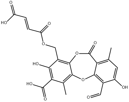 (E)-2-ブテン二酸水素1-[(7-カルボキシ-4-ホルミル-3,8-ジヒドロキシ-1,6-ジメチル-11-オキソ-11H-ジベンゾ[b,e][1,4]ジオキセピン-9-イル)メチル] 化学構造式