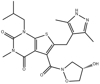 (S)-6-[(3,5-二甲基-1H-吡唑-4-基)甲基]-5-[(4-羟基异唑烷-2-基)羰基]-1-异丁基-3-甲基噻吩并[2,3-D]嘧啶-2,4(1H,3H)-二酮, 496791-37-8, 结构式