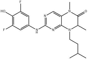 2-[(3,5-ジフルオロ-4-ヒドロキシフェニル)アミノ]-5,7-ジメチル-8-イソペンチル-7,8-ジヒドロプテリジン-6(5H)-オン 化学構造式