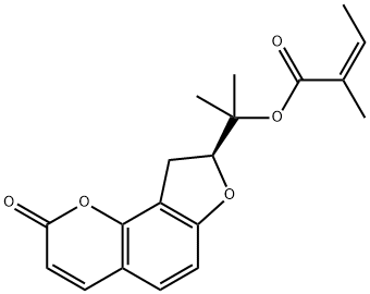 (S)-8-[1-[(Z)-2-メチル-2-ブテノイルオキシ]-1-メチルエチル]-8,9-ジヒドロ-2H-フロ[2,3-h]-1-ベンゾピラン-2-オン 化学構造式