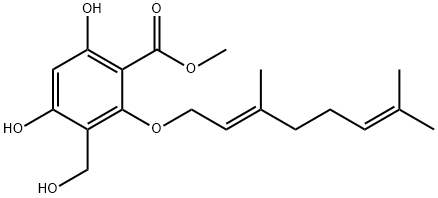 2-[[(E)-3,7-Dimethylocta-2,6-dienyl]oxy]-4,6-dihydroxy-3-(hydroxymethyl)benzoic acid methyl ester Struktur