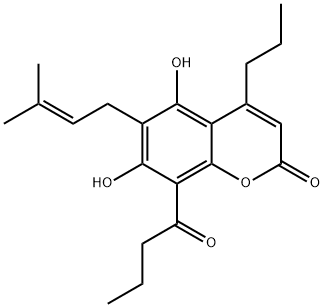 4-Propyl-5,7-dihydroxy-6-(3-methyl-2-butenyl)-8-butyryl-2H-1-benzopyran-2-one Struktur
