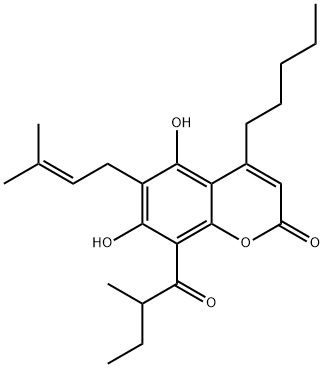 5,7-Dihydroxy-6-(3-methyl-2-butenyl)-8-(2-methyl-1-oxobutyl)-4-pentyl-2H-1-benzopyran-2-one 结构式