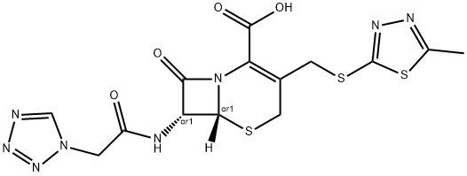 5-Thia-1-azabicyclo[4.2.0]oct-2-ene-2-carboxylic acid, 3-[[(5-methyl-1,3,4-thiadiazol-2-yl)thio]methyl]-8-oxo-7-[(1H-tetrazol-1-ylacetyl)amino]-, trans-(+-)- Structure