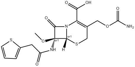 5-Thia-1-azabicyclo[4.2.0]oct-2-ene-2-carboxylic acid, 3-[[(aminocarbonyl)oxy]methyl]-7-methoxy-8-oxo-7-[(2-thienylacetyl)amino]-, cis-(+-)- Struktur