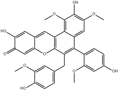2,10-dihydroxy-5-(4-hydroxy-2-methoxyphenyl)-6-[(4-hydroxy-3-methoxyphenyl)methyl]-1,3-dimethoxy-9H-benzo[a]xanthen-9-one Struktur