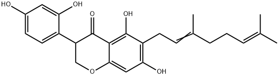 3-(2,4-ジヒドロキシフェニル)-6-(3,7-ジメチル-2,6-オクタジエニル)-2,3-ジヒドロ-5,7-ジヒドロキシ-4H-1-ベンゾピラン-4-オン 化学構造式