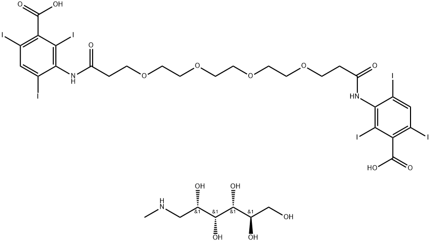 bis[1-deoxy-1-(methylamino)-D-glucitol] 3,3'-[(1,16-dioxo-4,7,10,13-tetraoxahexadecane-1,16-diyl)diimino]bis[2,4,6-triiodobenzoate] Struktur