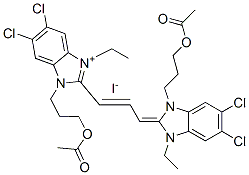 1-[3-(acetoxy)propyl]-2-[3-[1-[3-(acetoxy)propyl]-5,6-dichloro-3-ethyl-1,3-dihydro-2H-benzimidazol-2-ylidene]-1-propenyl]-5,6-dichloro-3-ethyl-1H-benzimidazolium iodide Structure