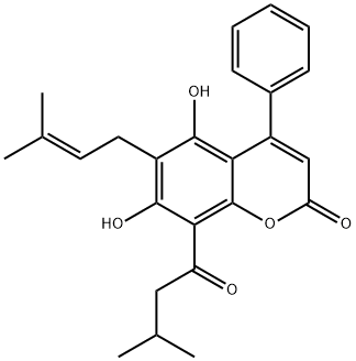 5,7-ジヒドロキシ-6-(3-メチル-2-ブテニル)-8-(3-メチルブチリル)-4-フェニル-2H-1-ベンゾピラン-2-オン 化学構造式