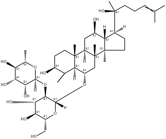 [3β,12β,20-トリヒドロキシ-5α-ダンマラ-24-エン-6α-イル]2-O-(6-デオキシ-α-L-マンノピラノシル)-β-D-グルコピラノシド 化学構造式