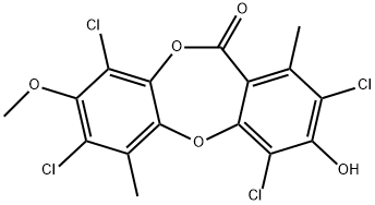 2,4,7,9-テトラクロロ-3-ヒドロキシ-8-メトキシ-1,6-ジメチル-11H-ジベンゾ[b,e][1,4]ジオキセピン-11-オン 化学構造式