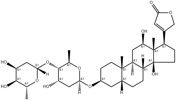 12β,14β-ジヒドロキシ-5β-カルダ-20(22)-エノリド-3β-イル4-O-(2,6-ジデオキシ-β-D-アルトロピラノシル)-2,6-ジデオキシ-β-D-アルトロピラノシド 化学構造式