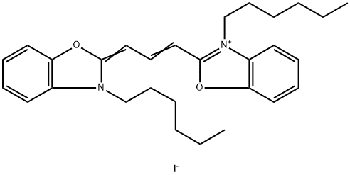 3-ヘキシル-2-[3-(3-ヘキシルベンゾオキサゾール-2(3H)-イリデン)-1-プロペニル]ベンゾオキサゾール-3-イウム·ヨージド 化学構造式