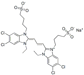 sodium hydrogen 5,6-dichloro-2-[3-[5,6-dichloro-1-ethyl-1,3-dihydro-3-(4-sulphonatobutyl)-2H-benzimidazol-2-ylidene]-1-propenyl]-1-ethyl-3-(4-sulphonatobutyl)-1H-benzimidazolium Struktur
